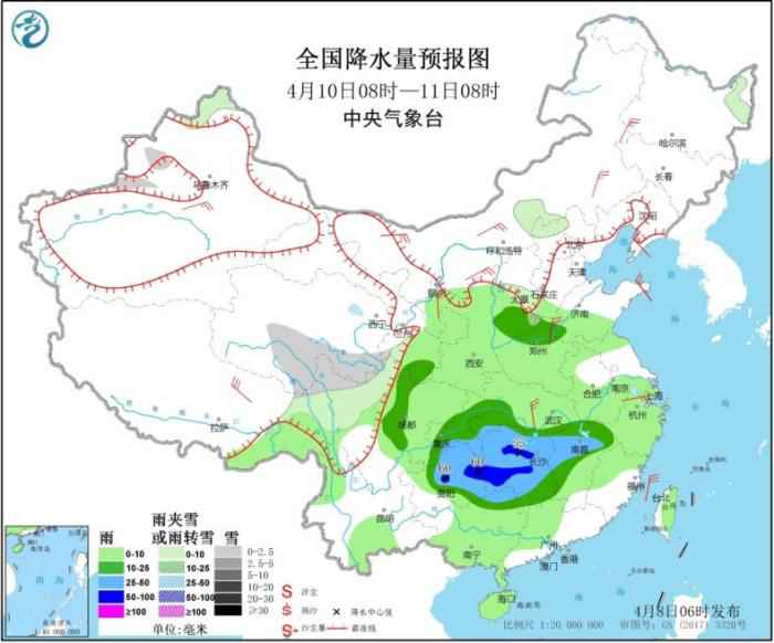 图3 全国降水量预报图(4月10日08时-11日08时)  冷空气影响华北地区 西南地区东部江南等地将有较强降水